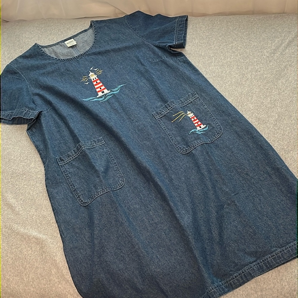 Coastal Denim Chambray Dress Large Embroidered Lighthouse Modest Novalty